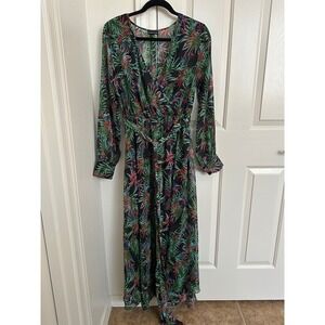 Bandolino Tropical Leaf Maxi Dress Long Sleeve Faux Wrap Size Medium